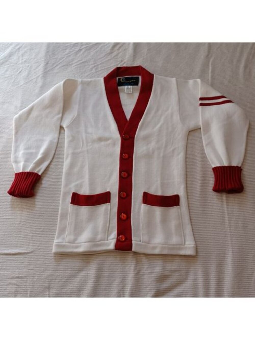 1960s Styled By Champion White & Red Orlon Collegiate Varsity Cardigan Size 34